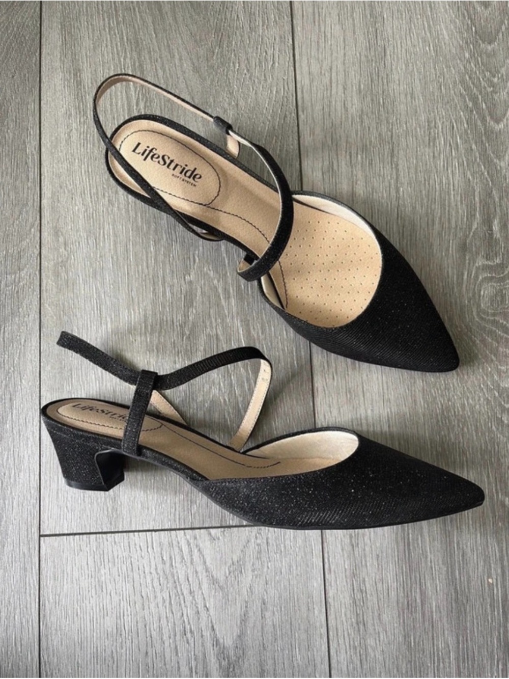 Life Stride Black Pointed Slingback Low Block Heels size 11W